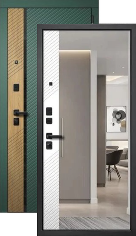 Теплая дверь входная FLY DOORS Дилайн зеркало, 2 замка, 1,2 мм металл, (велюто авокадо/дуб браун+велюто бианко)