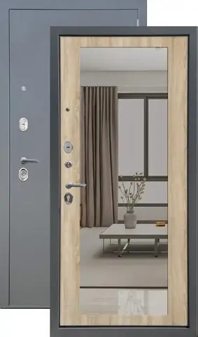 Теплая дверь входная FLY DOORS Аркан зеркало, 2 замка, 1,2 мм металл, (графит букле+сонома дуб)